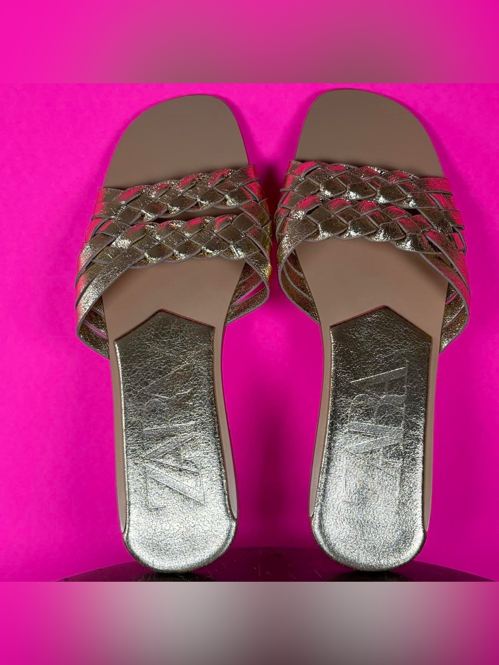Zara Gold Braided Straps Square Toe Flat Slide Sandal EU 37 - Picture 7 of 8